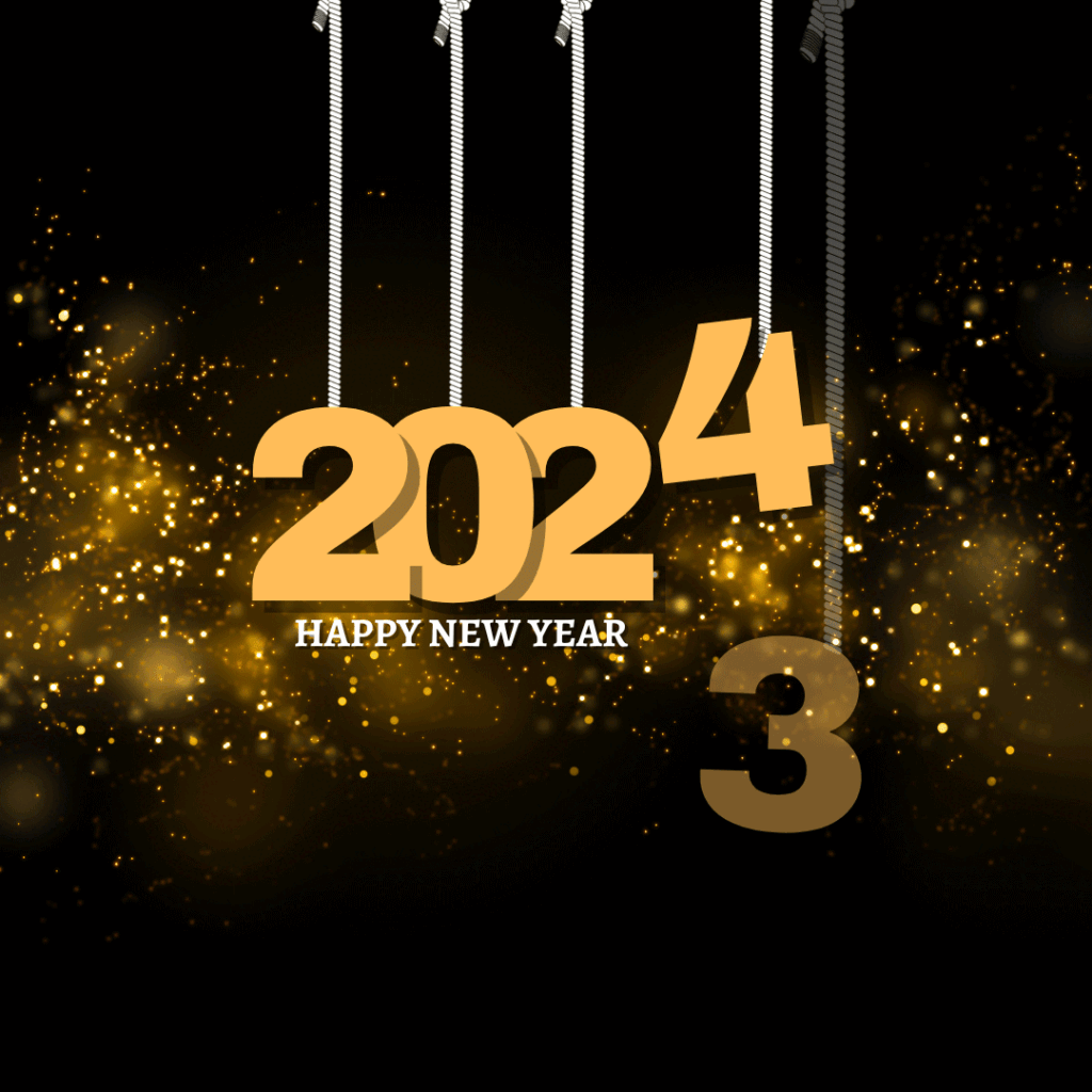 Gold 2024 replacing 2023 with the words Happy New Year